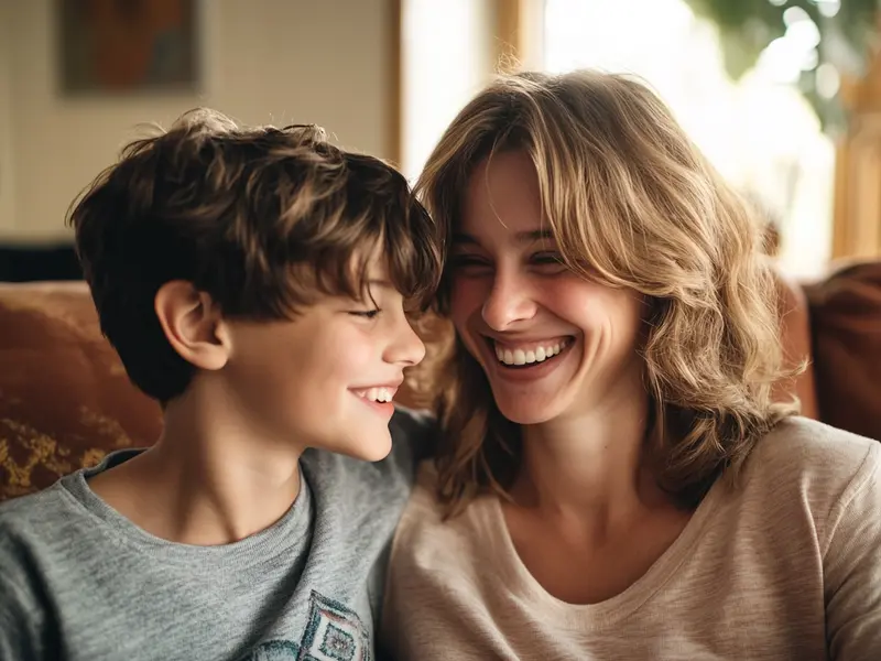 Happy Caucasian mother with child celebrating financial success